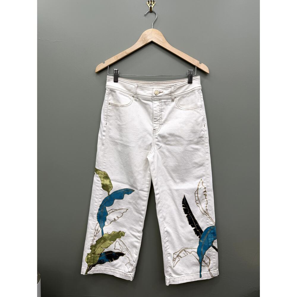 Chico's Tropical Leaf Crop Pants White Resort Coastal Vacation Size 4